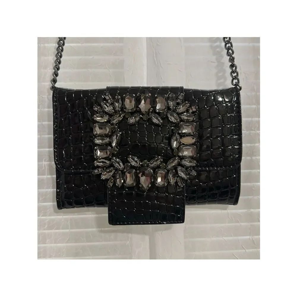 VENUS Black Pebbled Patent Leather Jeweled Rhinestone Flap Chain Strap Bag